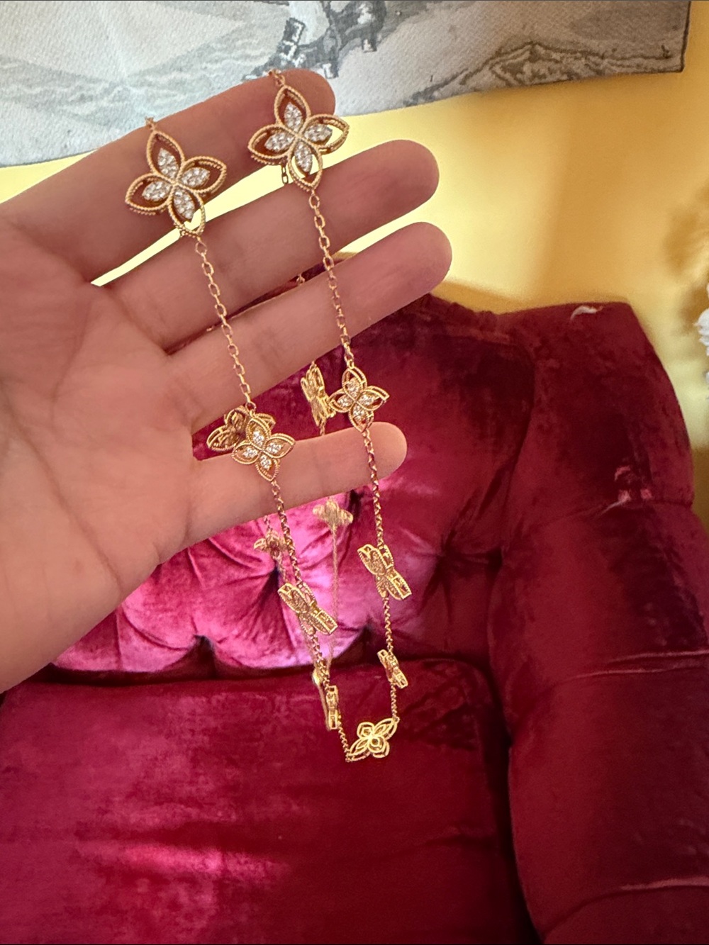 Gold Floral Station Long Necklace - Women Jewelry 19” long - Picture 3 of 6
